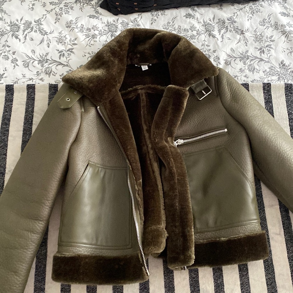 Topshop Amie Olive Faux Shearling Biker Jacket